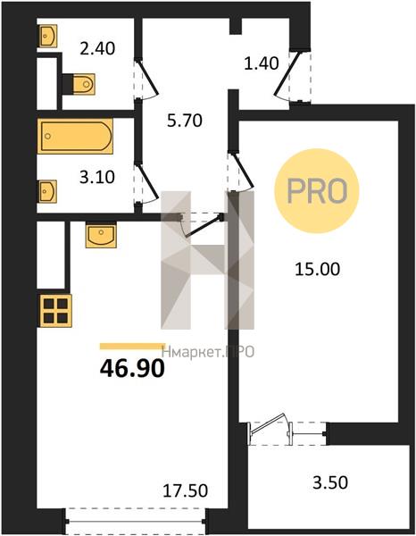 1—комн. квартира, 46.9 кв.м, 8/18 этаж