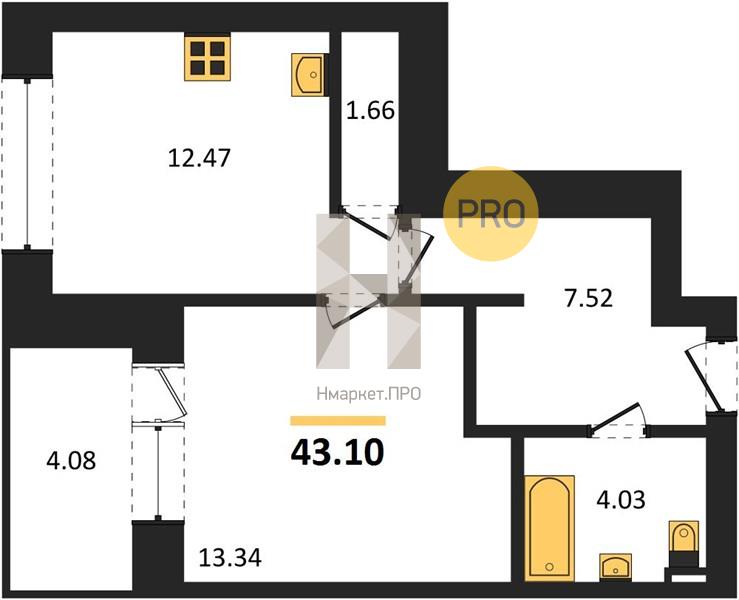 1—комн. квартира, 43.1 кв.м, 5/9 этаж