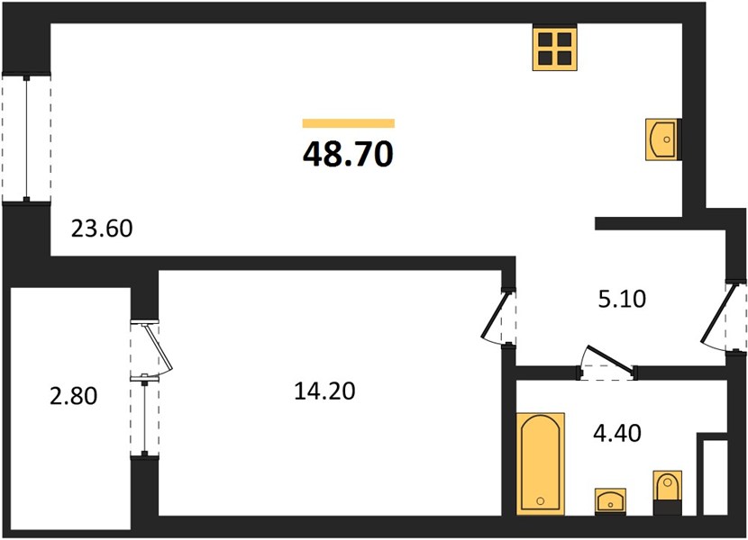 ЖК «Симфония Нижнего» · 1-комнатная квартира · 48.7 м² · 3 этаж