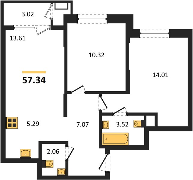 ЖК «Черниговская» · 2-комнатная квартира · 57.34 м² · 19 этаж
