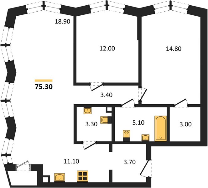 ЖК «Фордевинд» · 3-комнатная квартира · 75.3 м² · 6 этаж