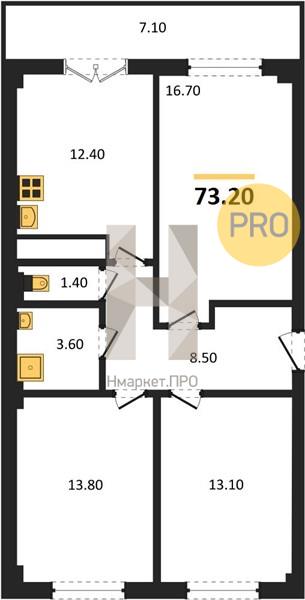 3—комн. квартира, 73.1 кв.м, 13/15 этаж