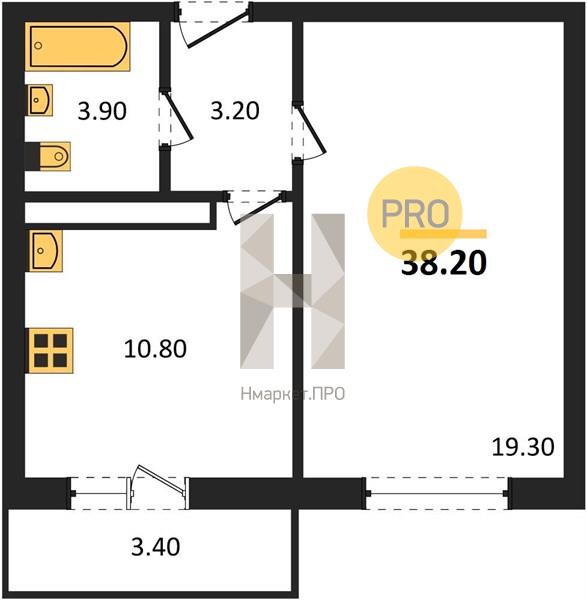 1—комн. квартира, 38.2 кв.м, 15/17 этаж