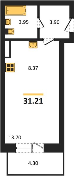 1—комн. квартира, 31.21 кв.м, 7/10 этаж