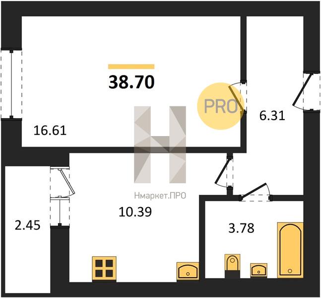 1—комн. квартира, 38.7 кв.м, 17/17 этаж