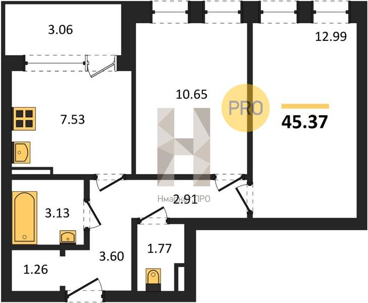 2—комн. квартира, 45.37 кв.м, 14/21 этаж