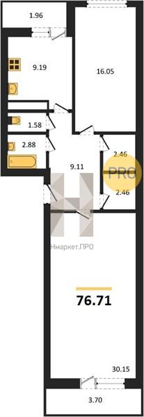 2—комн. квартира, 76.71 кв.м, 11/25 этаж