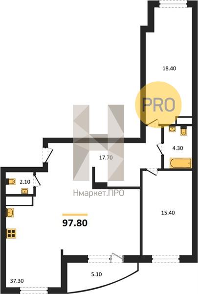 2—комн. квартира, 97.8 кв.м, 17/18 этаж