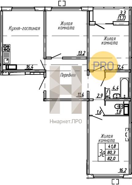 3—комн. квартира, 82 кв.м, 15/15 этаж
