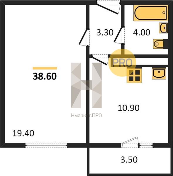 1—комн. квартира, 38.6 кв.м, 15/17 этаж