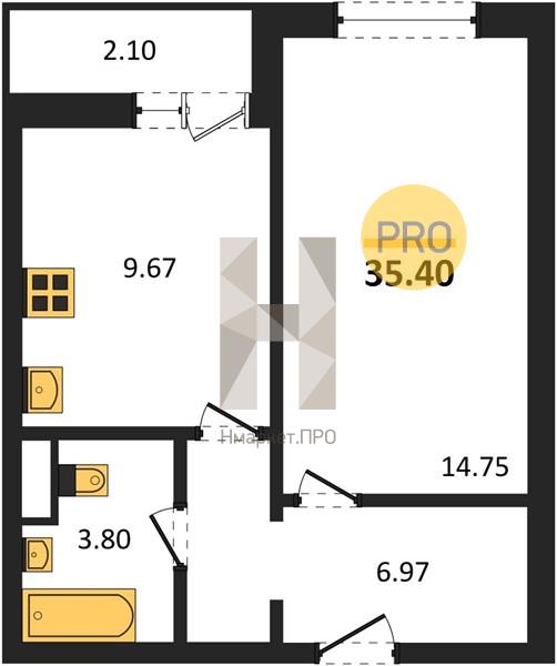 1—комн. квартира, 35.4 кв.м, 15/15 этаж