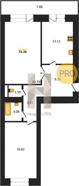 2—комн. квартира, 72.8 кв.м, 11/16 этаж