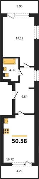 1—комн. квартира, 50.58 кв.м, 15/21 этаж