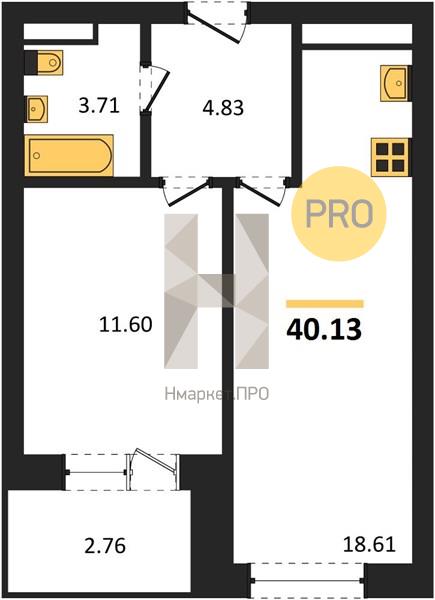 1—комн. квартира, 40.13 кв.м, 15/28 этаж