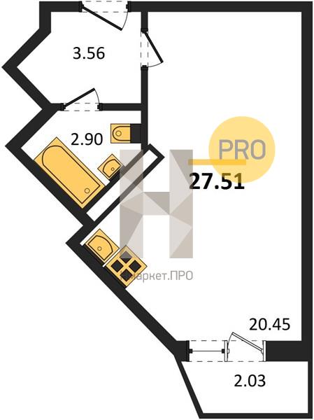 Квартира, 27.51 кв.м, 20/20 этаж