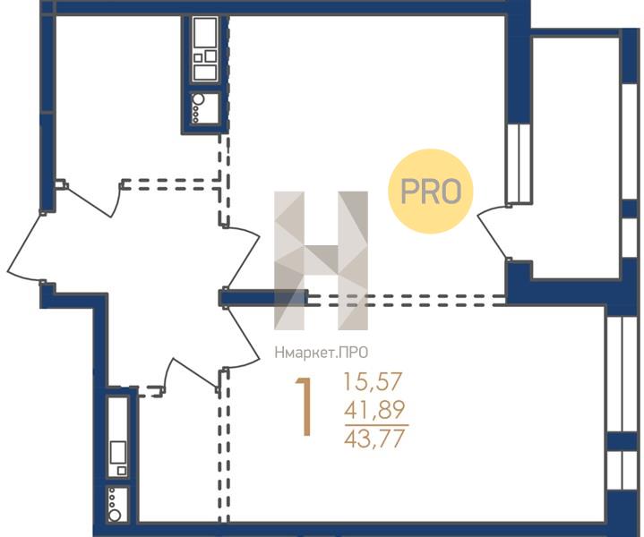 1—комн. квартира, 43.77 кв.м, 5/17 этаж