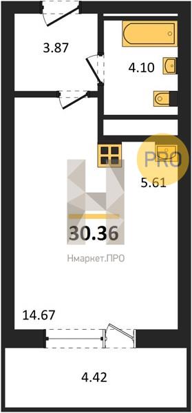 1—комн. квартира, 30.36 кв.м, 14/25 этаж