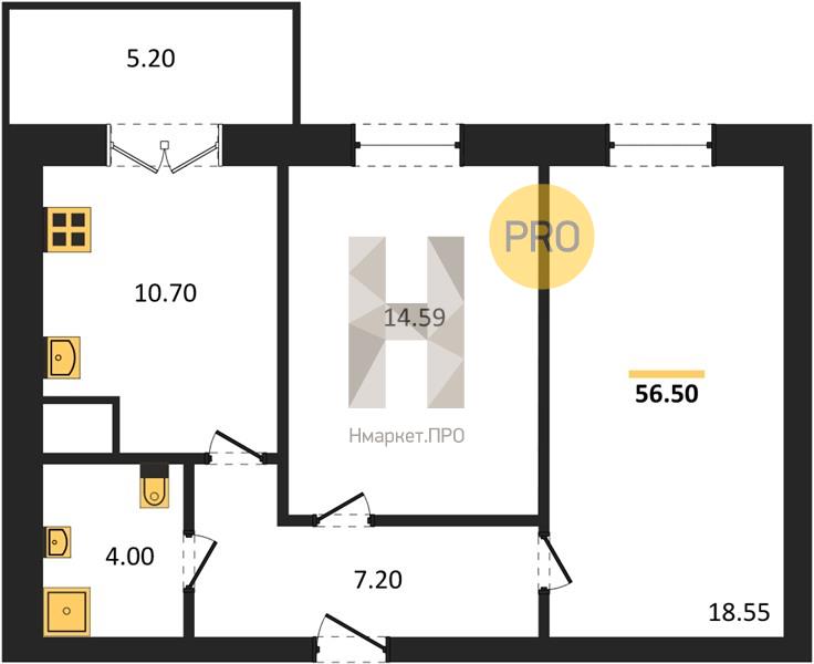 2—комн. квартира, 56.5 кв.м, 14/15 этаж