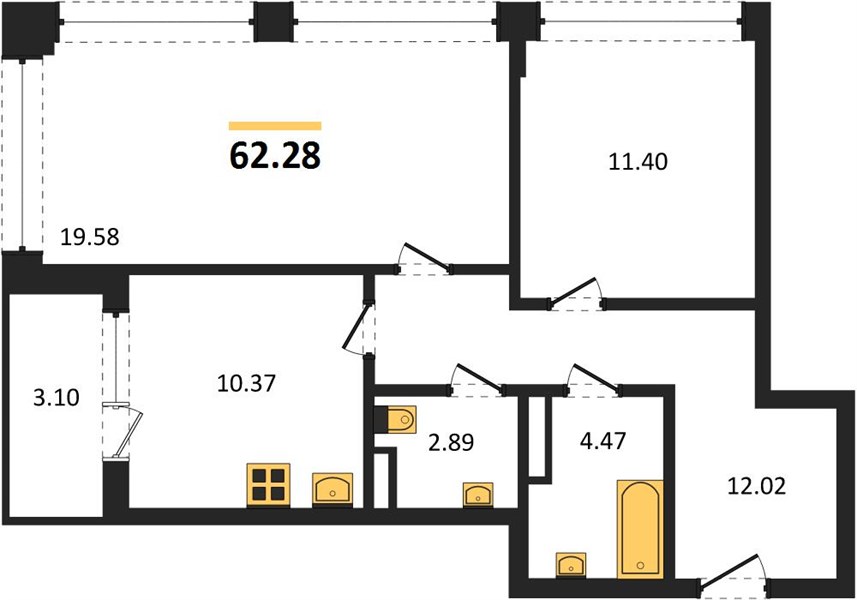 2—комн. квартира, 62.28 кв.м, 5/16 этаж