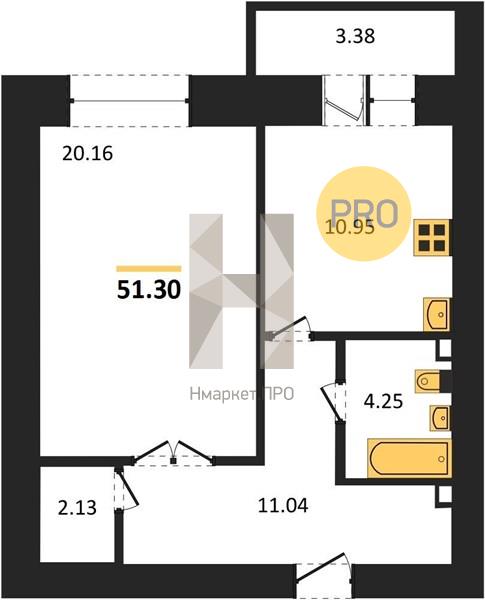 1—комн. квартира, 51.3 кв.м, 15/16 этаж