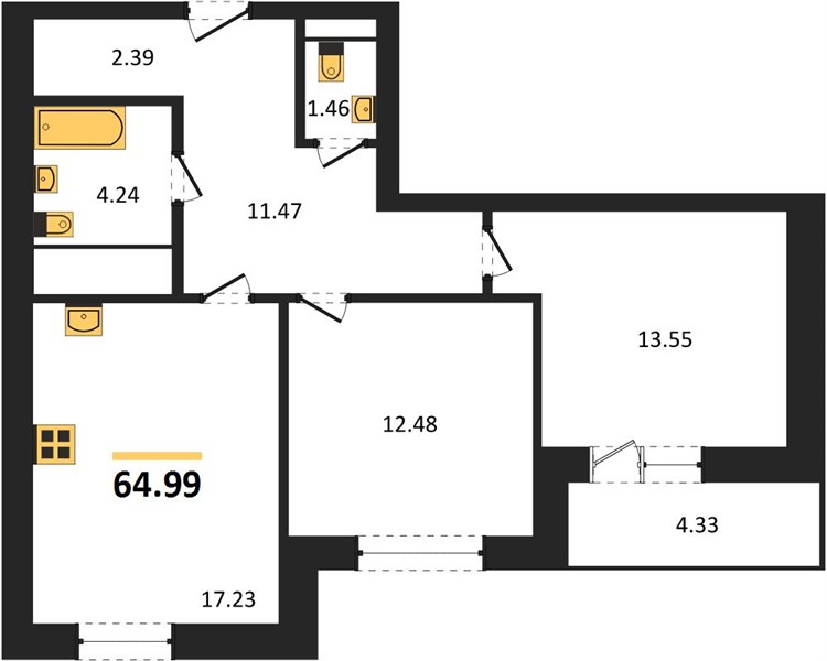 2—комн. квартира, 64.99 кв.м, 22/25 этаж