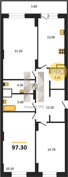 3—комн. квартира, 97.3 кв.м, 3/25 этаж