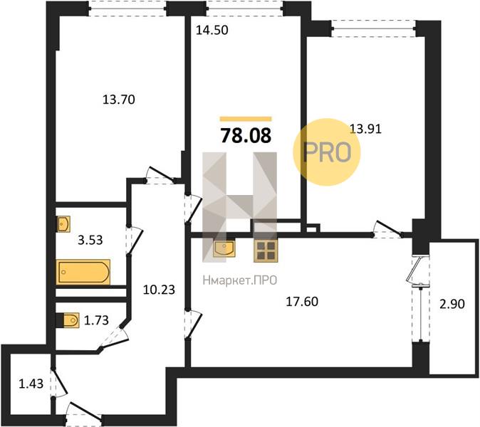 3—комн. квартира, 78.08 кв.м, 18/19 этаж
