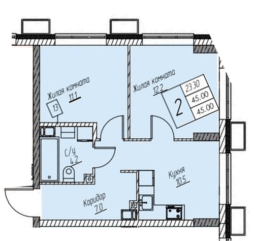 ЖК «Доминант» · 2-комнатная квартира · 45 м² · 12 этаж