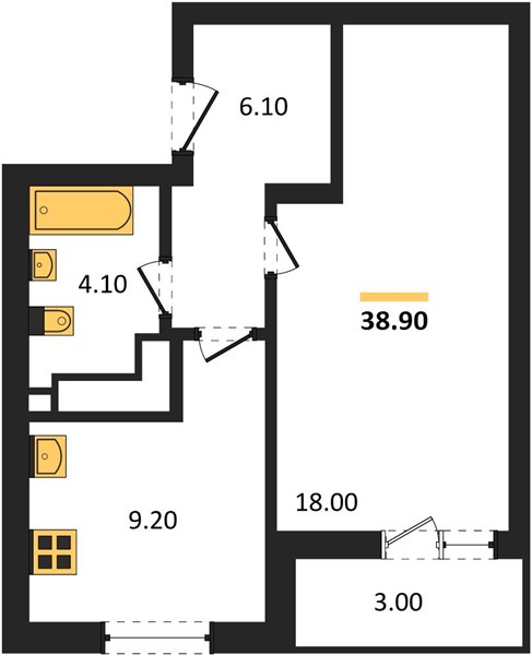 ЖК «Кузнечиха Город» · 1-комнатная квартира · 38.9 м² · 22 этаж