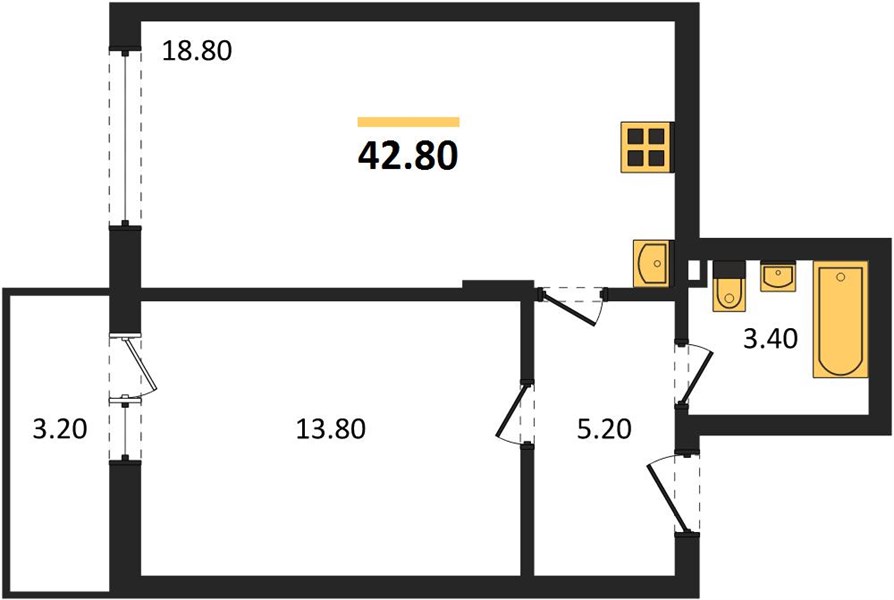 ЖК «Сормовский дуэт» · 1-комнатная квартира · 42.8 м² · 12 этаж