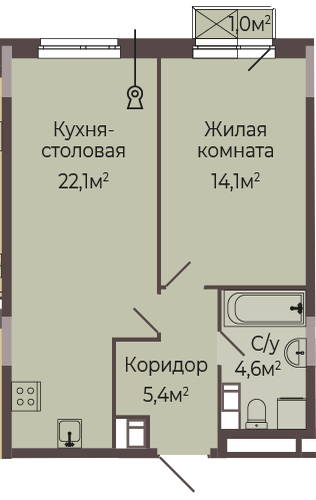 ЖК «Трио» · 1-комнатная квартира · 46.5 м² · 4 этаж