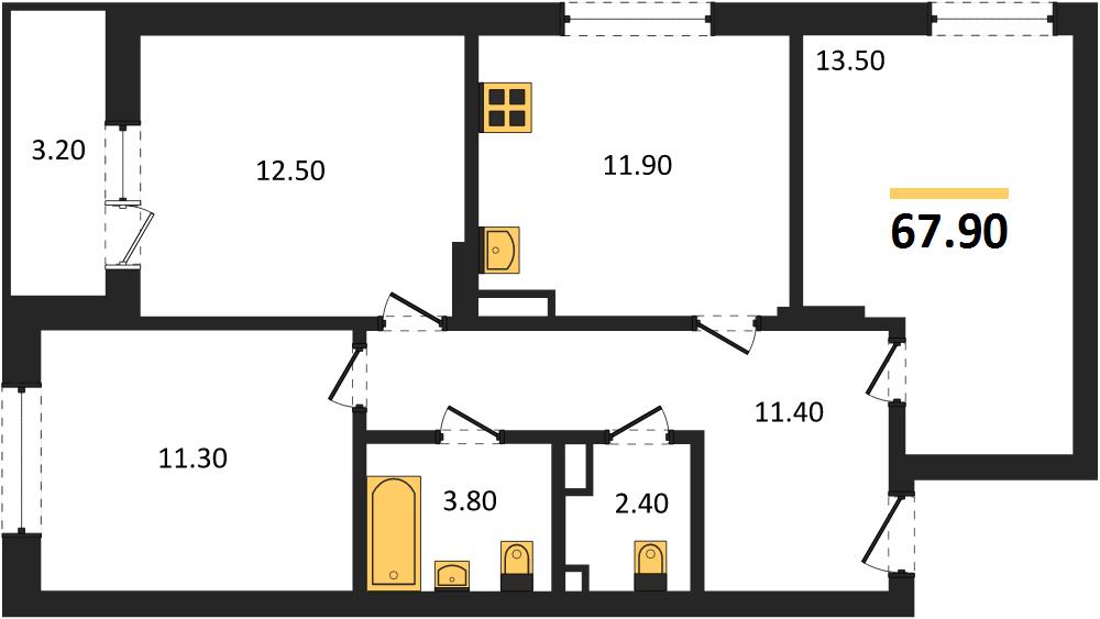 ЖК «Кузнечиха Город» · 3-комнатная квартира · 67.9 м² · 11 этаж