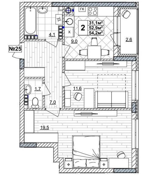 ЖК «Смородина» · 2-комнатная квартира · 54.2 м² · 4 этаж