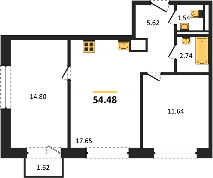 ЖК «Статус на Гребном канале» · 2-комнатная квартира · 54.48 м² · 13 этаж