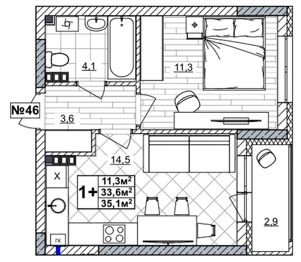 ЖК «Смородина» · 1-комнатная квартира · 35 м² · 3 этаж