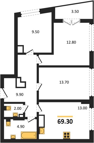 ЖК «Щелоковский» · 3-комнатная квартира · 69.3 м² · 21 этаж