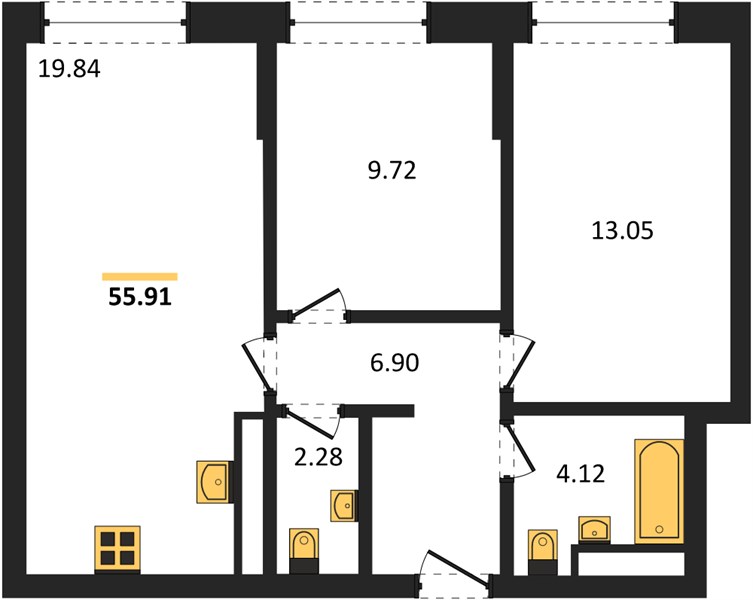 ЖК «Новая-Львовская» · 2-комнатная квартира · 55.91 м² · 13 этаж