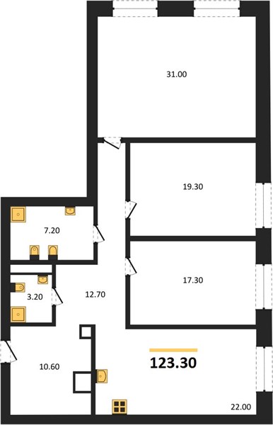 ЖК «Симфония Нижнего» · 3-комнатная квартира · 123.3 м² · 3 этаж
