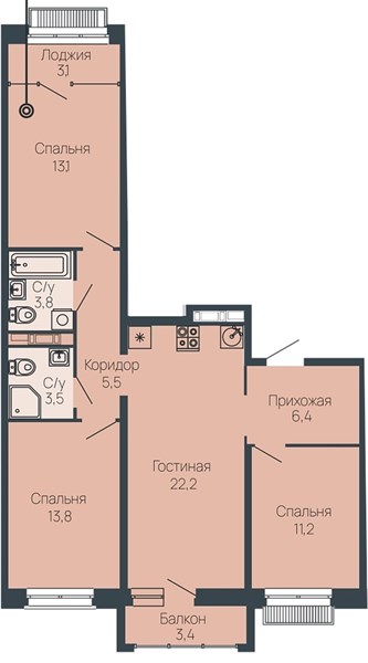 ЖК «Клубный дом Резиденция» · 3-комнатная квартира · 79.5 м² · 9 этаж