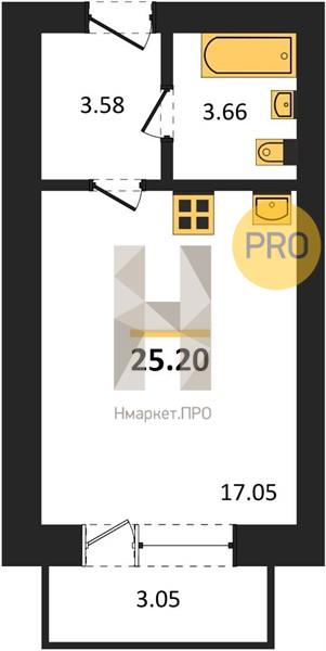 1—комн. квартира, 25.2 кв.м, 4/4 этаж