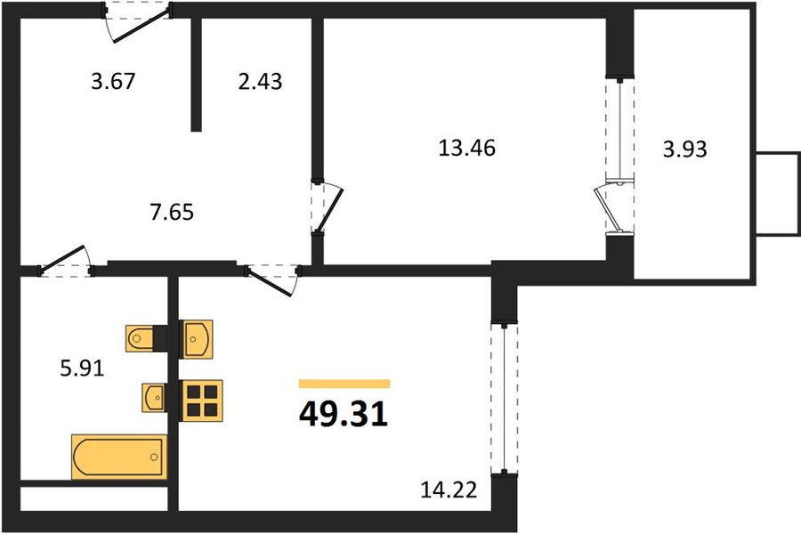 1—комн. квартира, 49.31 кв.м, 17/21 этаж