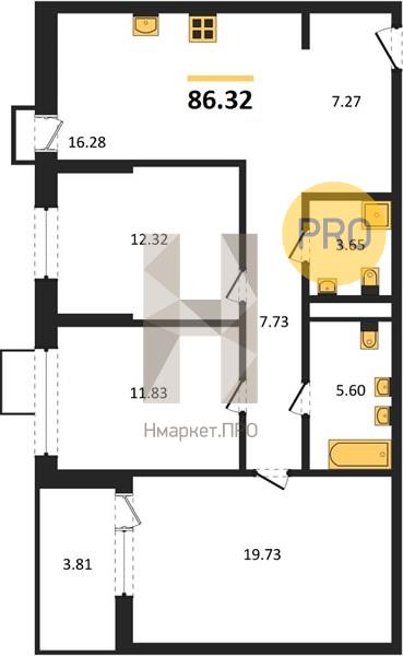 3—комн. квартира, 86.32 кв.м, 2/21 этаж
