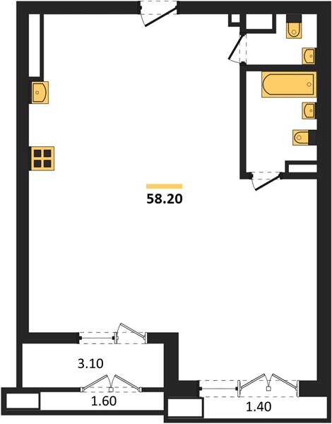 ЖК «Гермес» · 1-комнатная квартира · 58.2 м² · 6 этаж