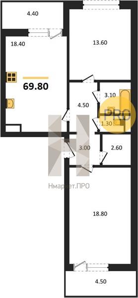 2—комн. квартира, 69.8 кв.м, 14/18 этаж