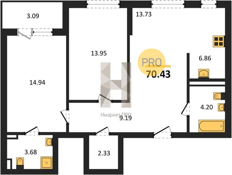 2—комн. квартира, 70.43 кв.м, 6/24 этаж