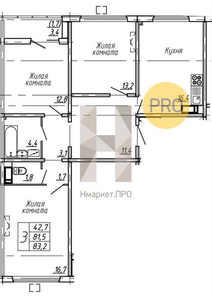 3—комн. квартира, 83.2 кв.м, 13/15 этаж