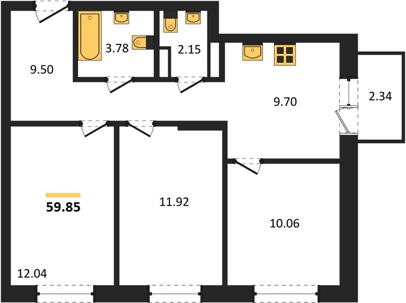 ЖК «Анкор» · 3-комнатная квартира · 59.85 м² · 16 этаж