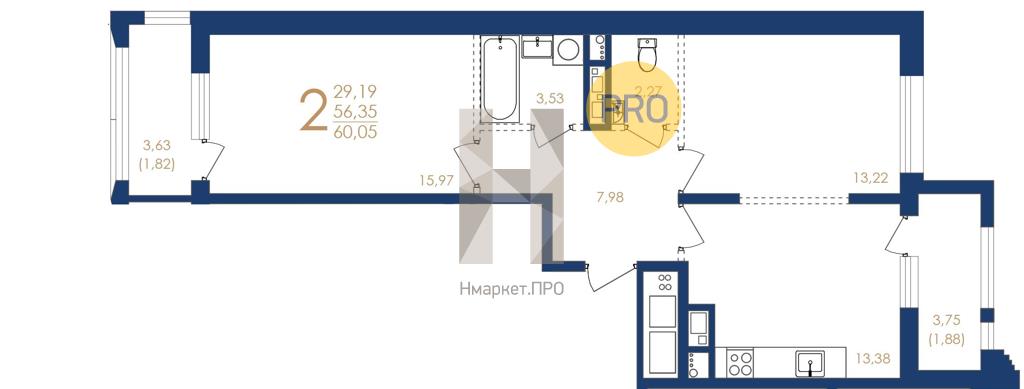 2—комн. квартира, 60.05 кв.м, 11/17 этаж