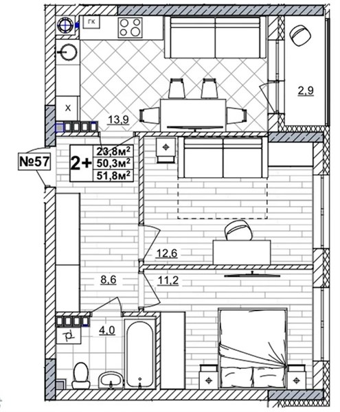 ЖК «Смородина» · 2-комнатная квартира · 51.8 м² · 4 этаж