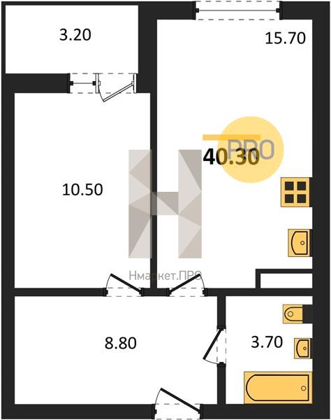1—комн. квартира, 40.3 кв.м, 17/18 этаж